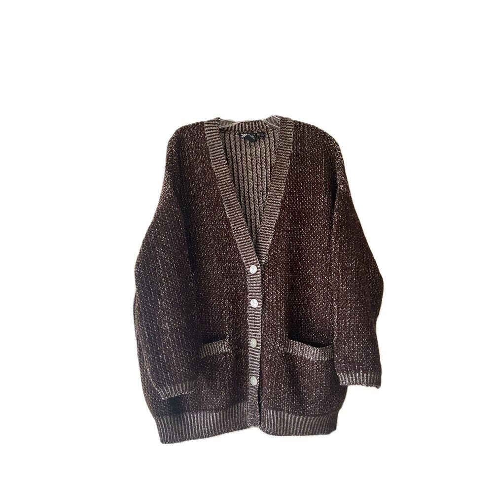 Vintage DKNY 100% Pure Wool Chunky Knit Cardigan Sweater Brown White S / Fits L